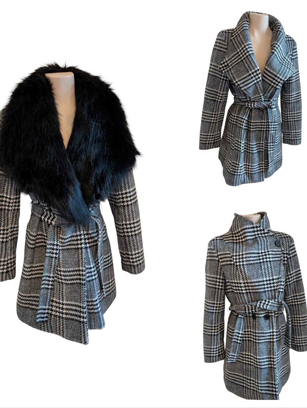 GUESS Plaid Wool Coat with Faux Fur Collar – Size S